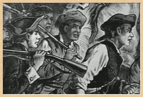 Modern portrayal of a Revolutionary War soldier of color with comrades.