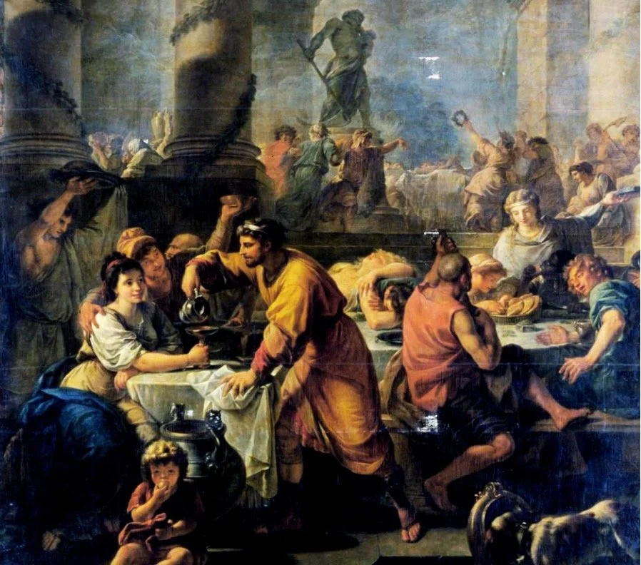 Antoine Callet, Saturnalia, 1783, painting. Interpretation of a Roman party scene for Saturnalia    Festival by French painter Antoine Callet.