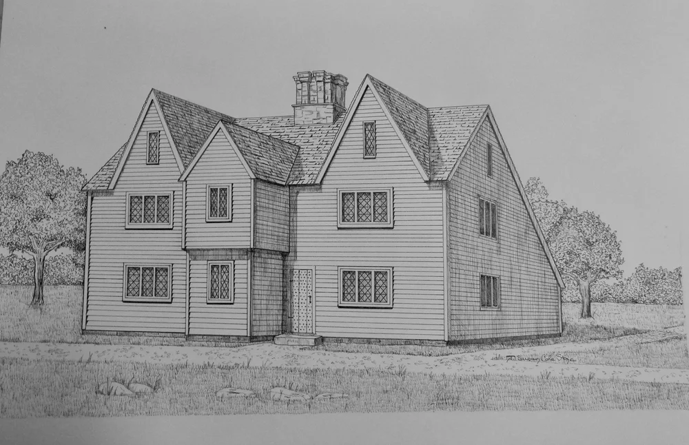 Drawing of Smith’s Castle as it looked after reconstruction in 1678. Courtesy of The Cocumscussoc Association Archives.