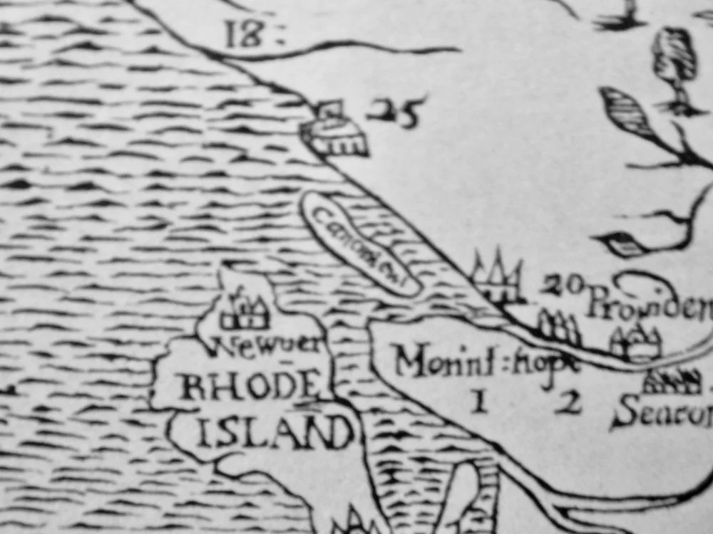 Detail from early map of New England showing Smith’s house (No. 25) on Narragansett Bay.
