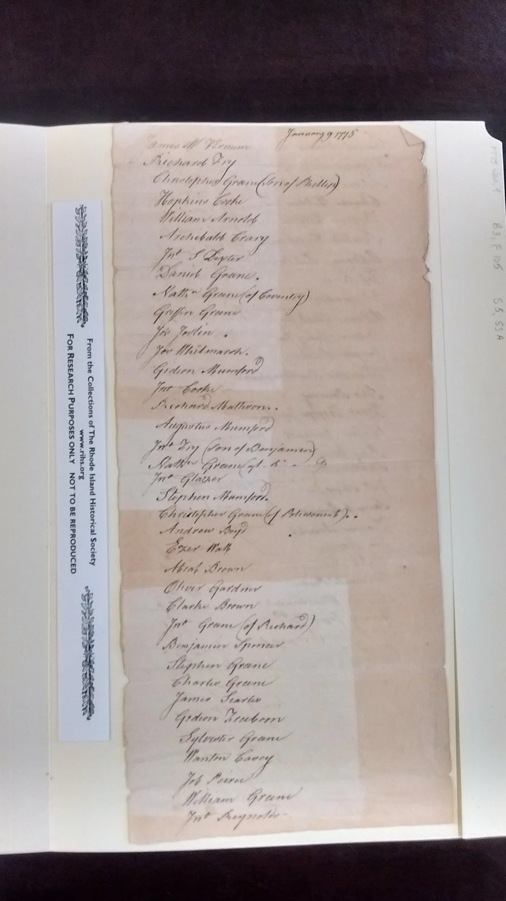 The Muster Roll of the Kentish Guard 1775 Courtesy of the RIHS Collections