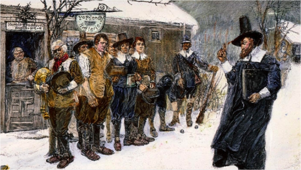 Puritan authority reprimanding colonists for practicing Christmas festivities.