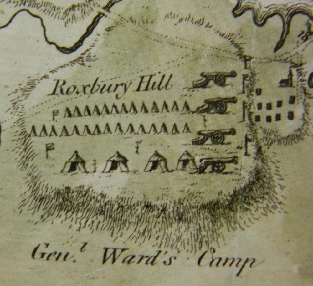 Detail from cartouche of Map of the Siege of Boston Courtesy of the Rhode Island Archives