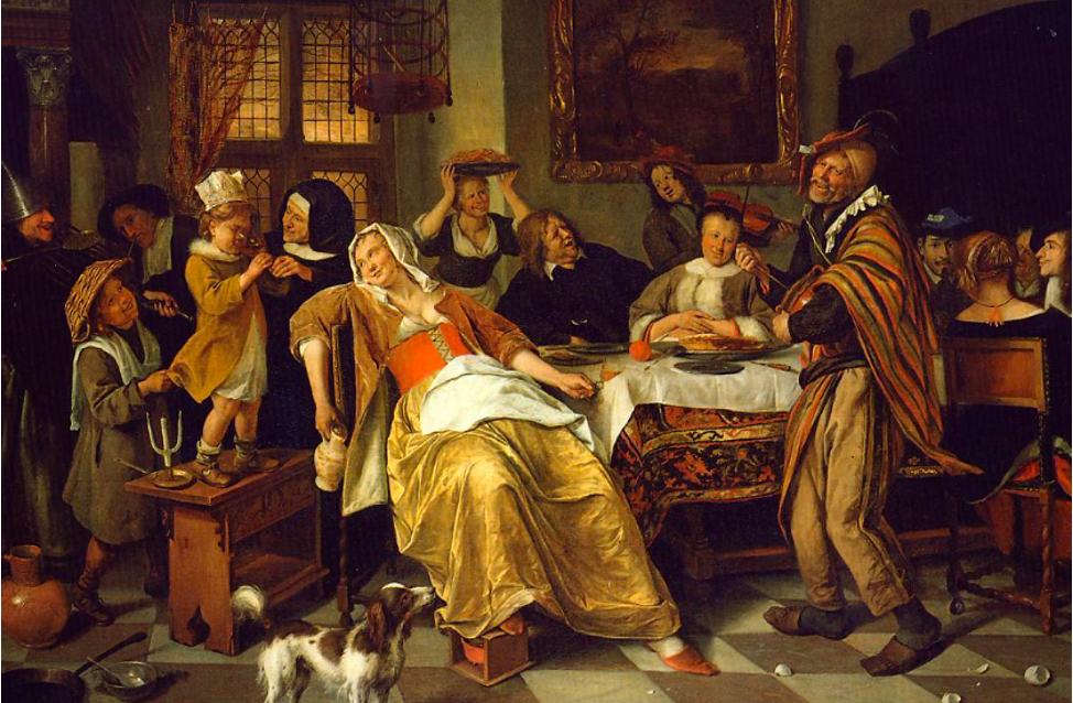 Jan Steen, Twelfth Night, 1668, oil on canvas. Jan Steen was a Dutch painter who painted various Twelfth Night party scenes. The viewer can spot many similarities between this 17th-century Twelfth Night party scene and the Roman Saturnalia party scene.