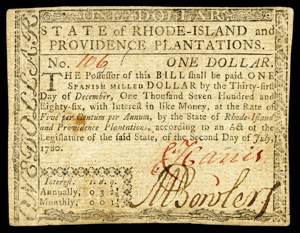 An example pf paper money issued by Rhode Island through the 1780’s Courtesy of Wikipedia Commons