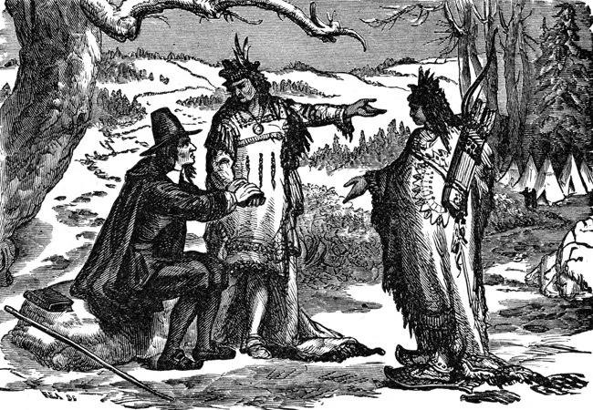 19th century depiction of Roger Williams consulting with Narragansett sachems.