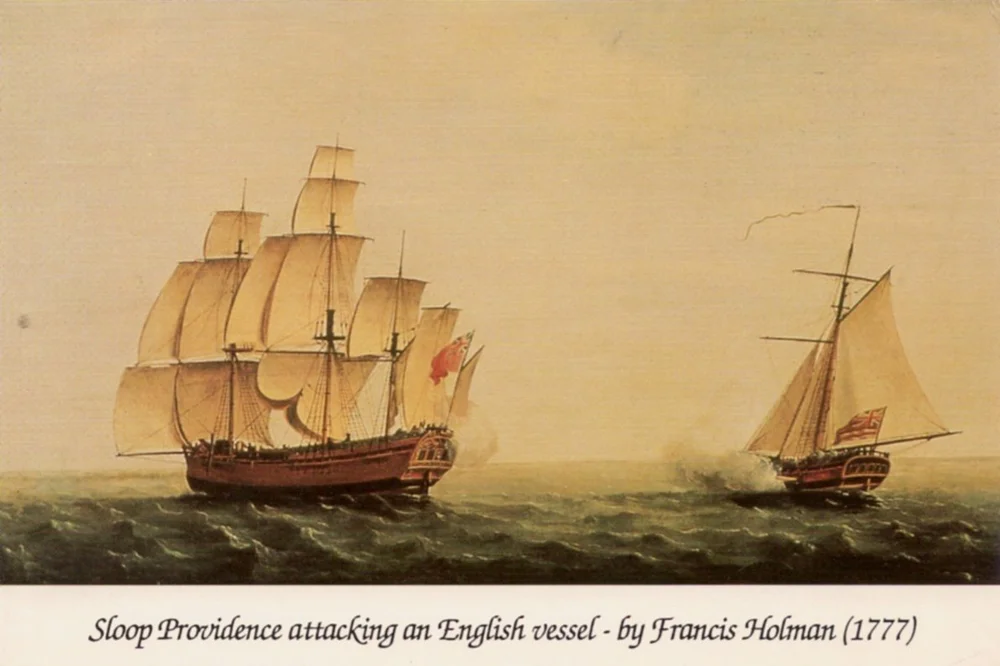 Sloop Providence attacking an English vessel - by Francis Holman (1777)
